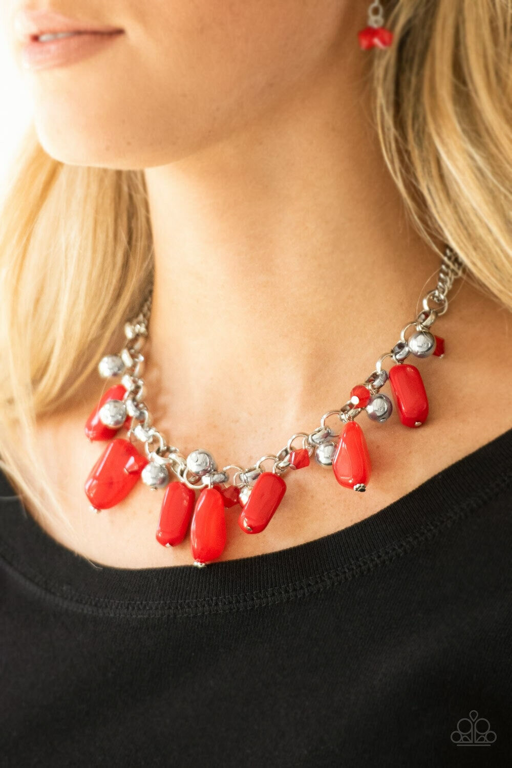 

Paparazzi Necklace w Earrings Red Silver Faux Rocks - Grand Canyon Grotto