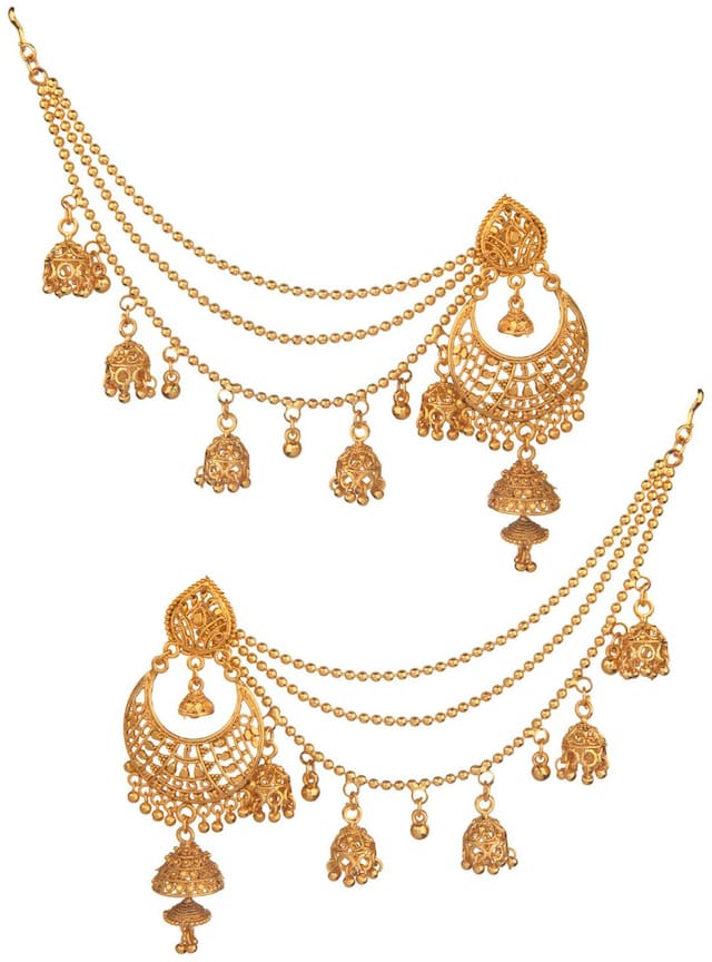 Parinaaz Bridal Traditional Wedding Dangle Bahubali Earrings with Layered Jhumka Tassels Ear Support Kaan Chain Hair Accessory