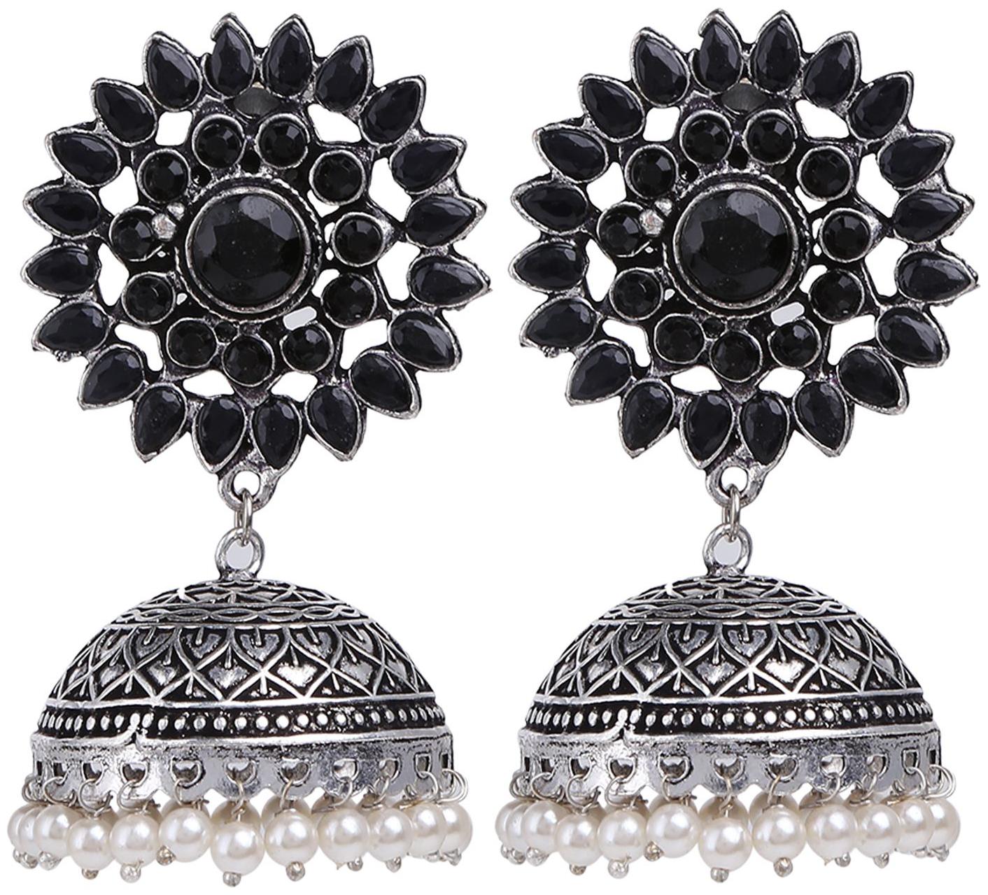 

Parinaaz Fashion Jewellery Stylish Antique Boho Vintage Oxidised Silver CZ Big Jhumka Jhumki Earrings Set