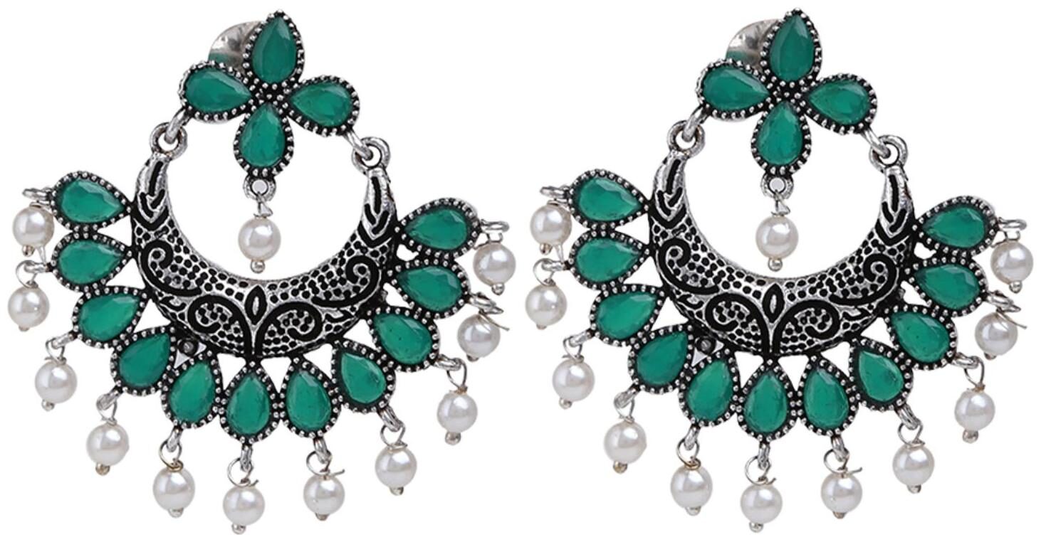 

Parinaaz Fashion Jewellery Stylish Antique Boho Vintage Oxidised Silver CZ Chandbali Dangle Earrings Set