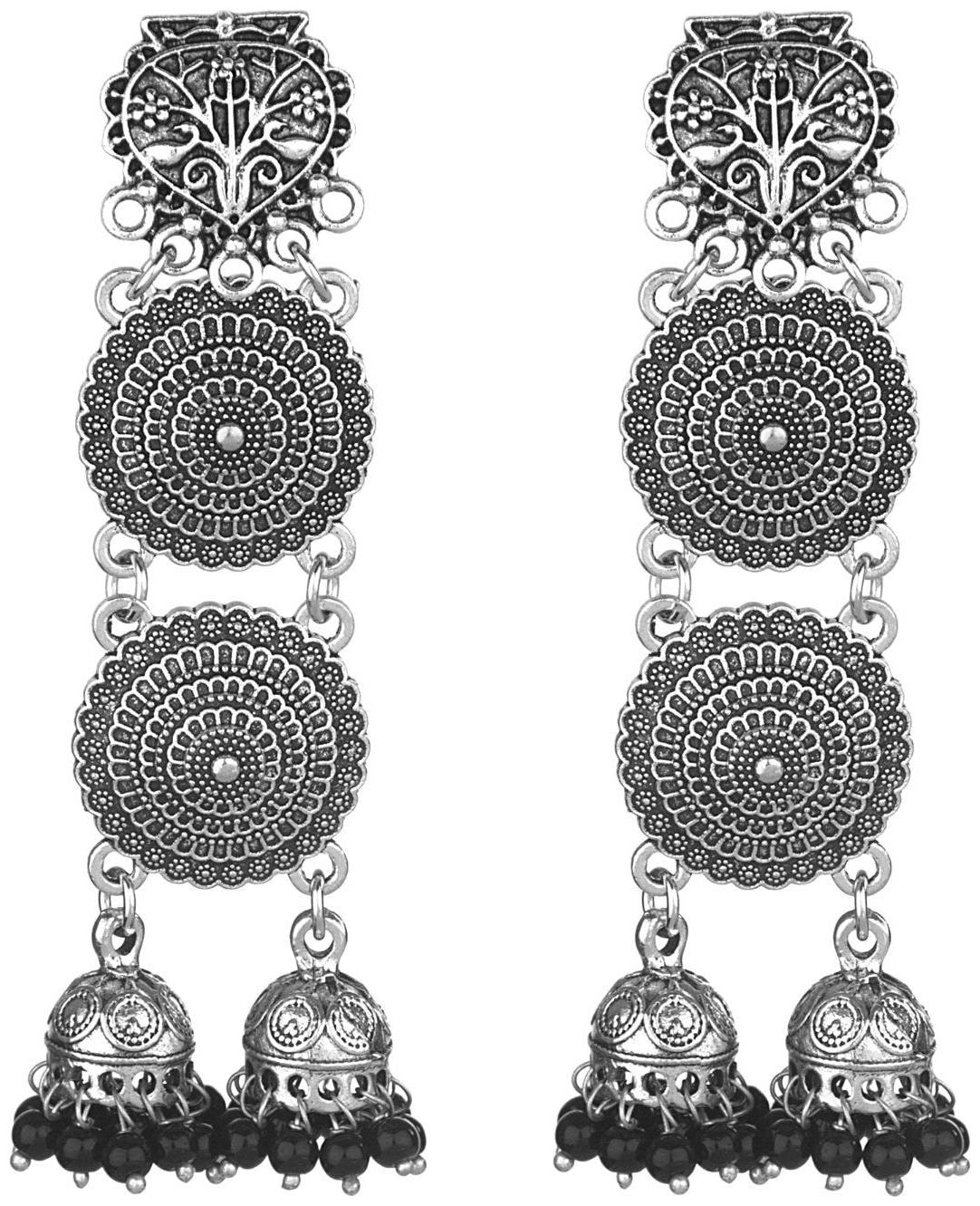 

Parinaaz Fashion Jewellery Stylish Antique Boho Vintage Oxidised Silver Jhumki Tassel Dangle Hanging Earrings Set