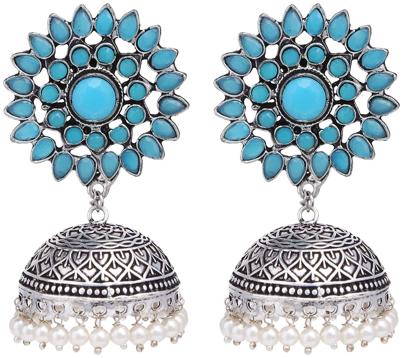

Parinaaz Fashion Jewellery Stylish Antique Boho Vintage Oxidised Silver CZ Big Jhumka Jhumki Earrings Set