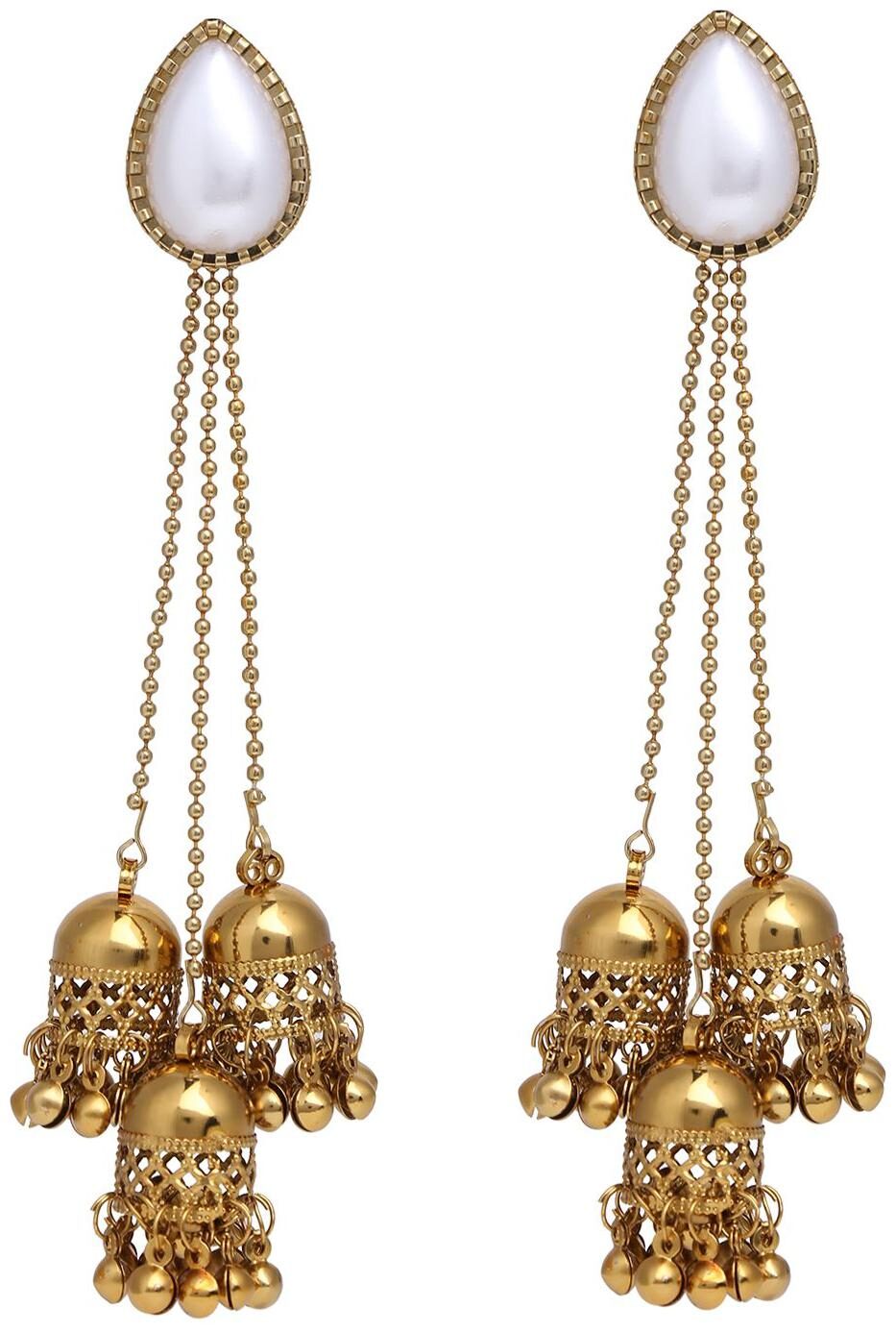 

Parinaaz Stylish Antique Boho Vintage Oxidised Gold Mirror Jhumka Tassel Dangle Earrings Set Jewellery