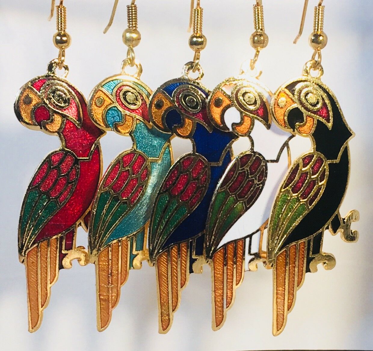 

PARROT Dangle Earrings Stefano Vintage Cloisonne Gold Plate Factory Prices Rare