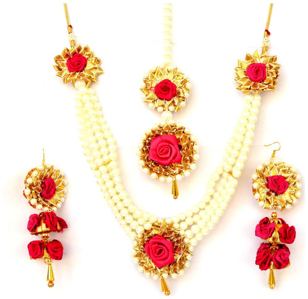 

Party Wear Ethnic Gota Patti Magenta Flower Non-Precious Meta Jewellery Set With Earrings Maang Tika For Women And Girls