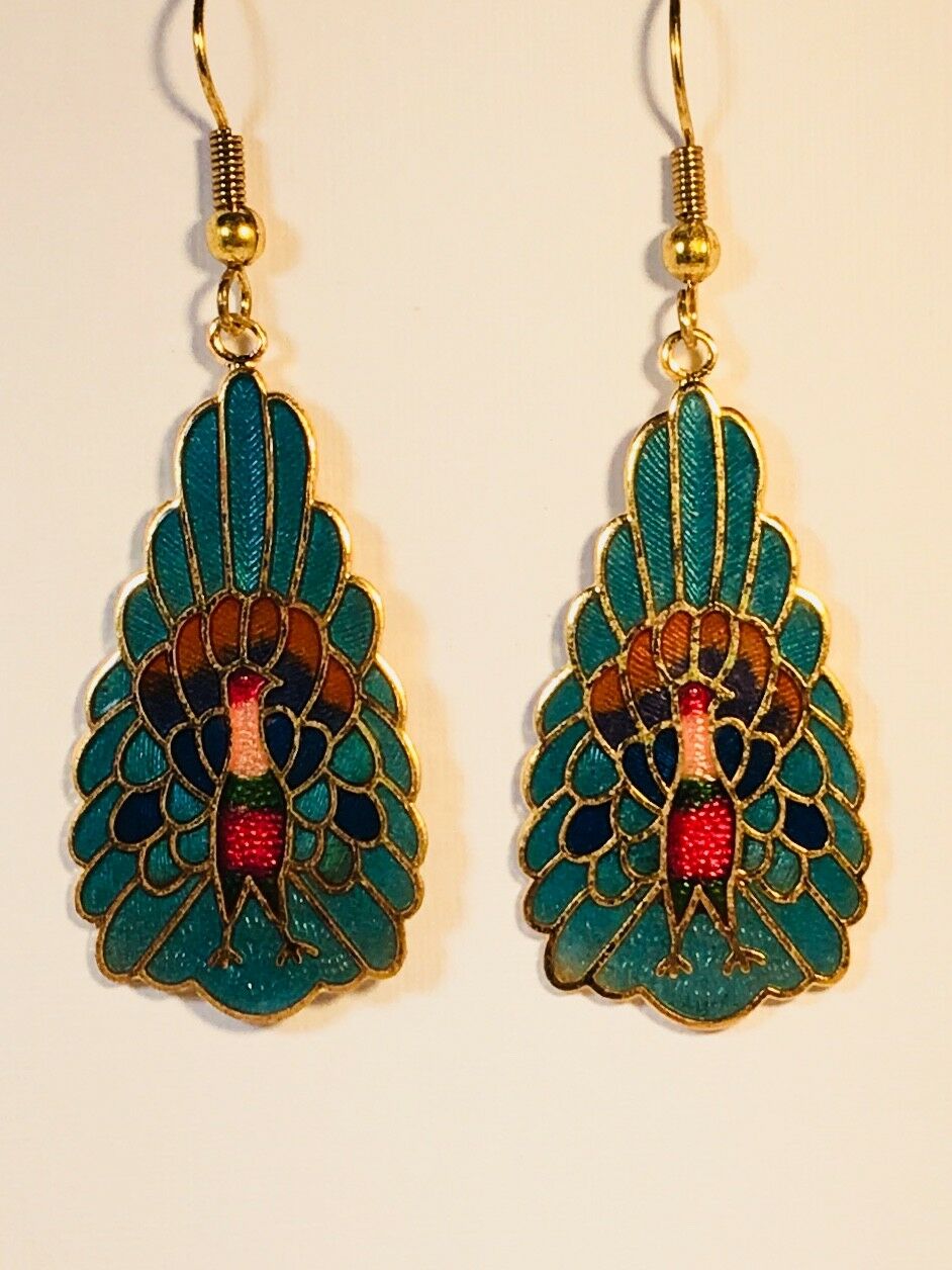 

PEACOCK DANGLE EARRINGS Stefano Vintage new Cloisonne Gold Plate Factory Prices