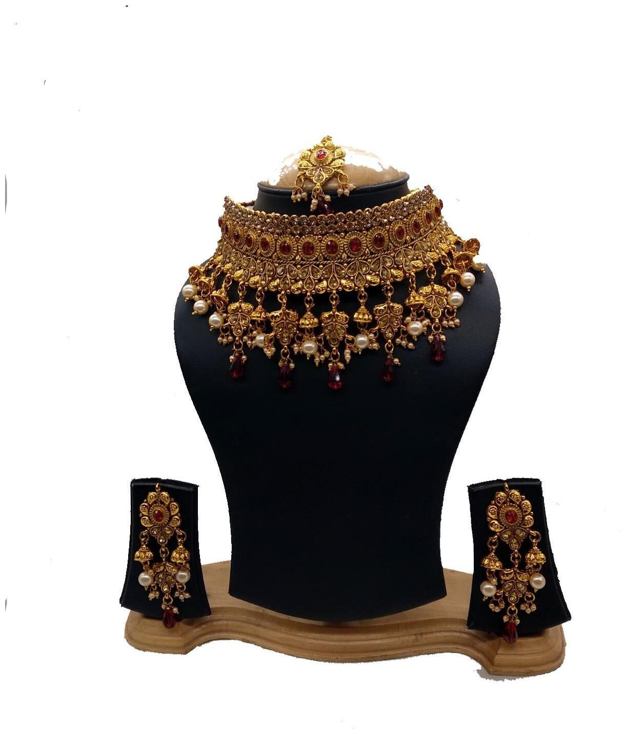 

Penny Jewels Alloy Ethnic Gold Plated Latest Necklace Set Earring With Maangtika Set