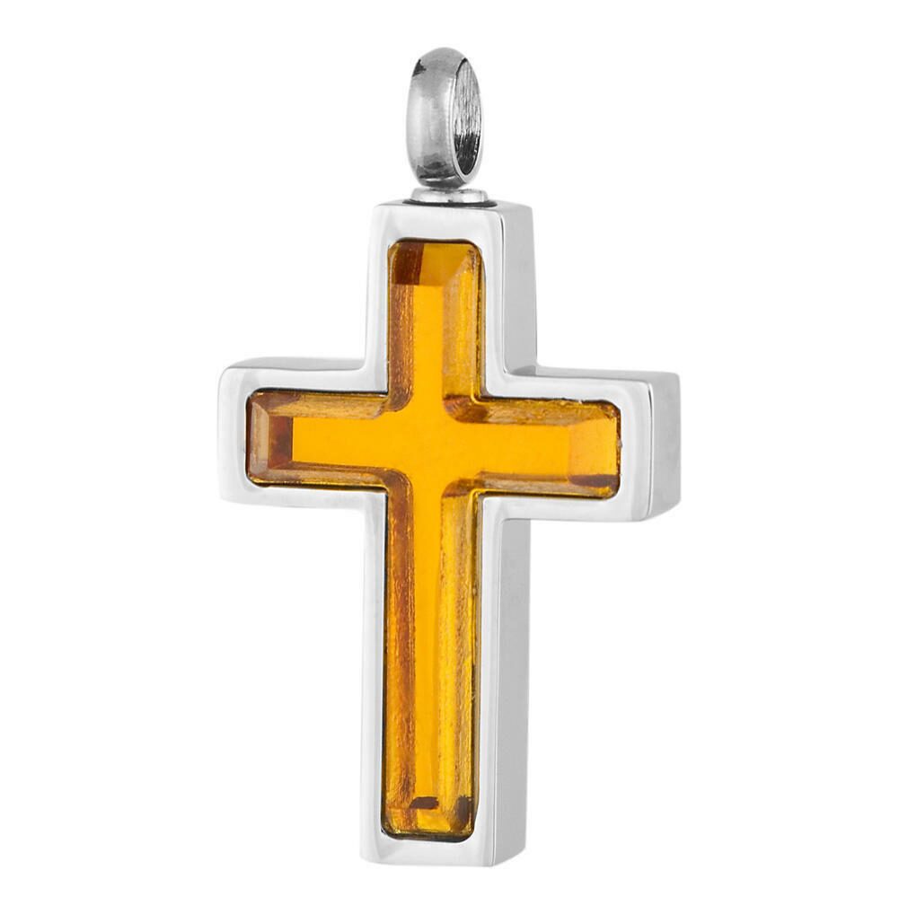 

Perfect Memorials Citrine Vitrum Cross Stainless Steel Cremation Jewelry
