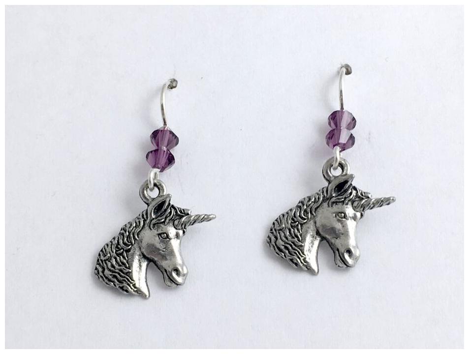 

Pewter and sterling silver unicorn head dangle earrings-unicorns horn crystal