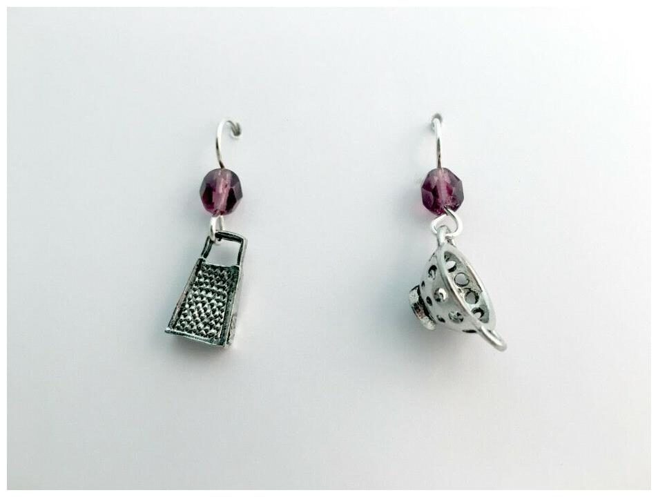 

Pewter Sterling Silver Colander Grater dangle earrings- chef cook Utensils