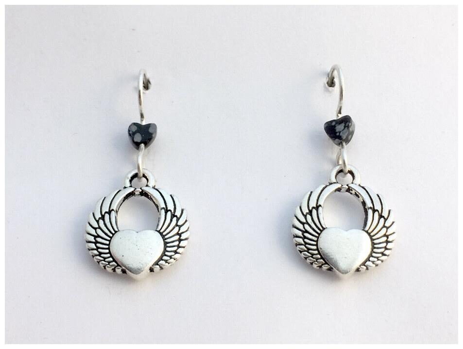 

Pewter sterling silver Heart with wings dangle earrings-snowflake obsidian