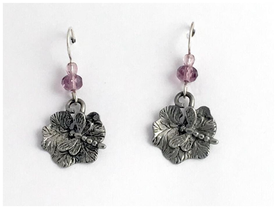 

Pewter sterling silver Dragonfly on leaf dangle earrings dragonflies leaves
