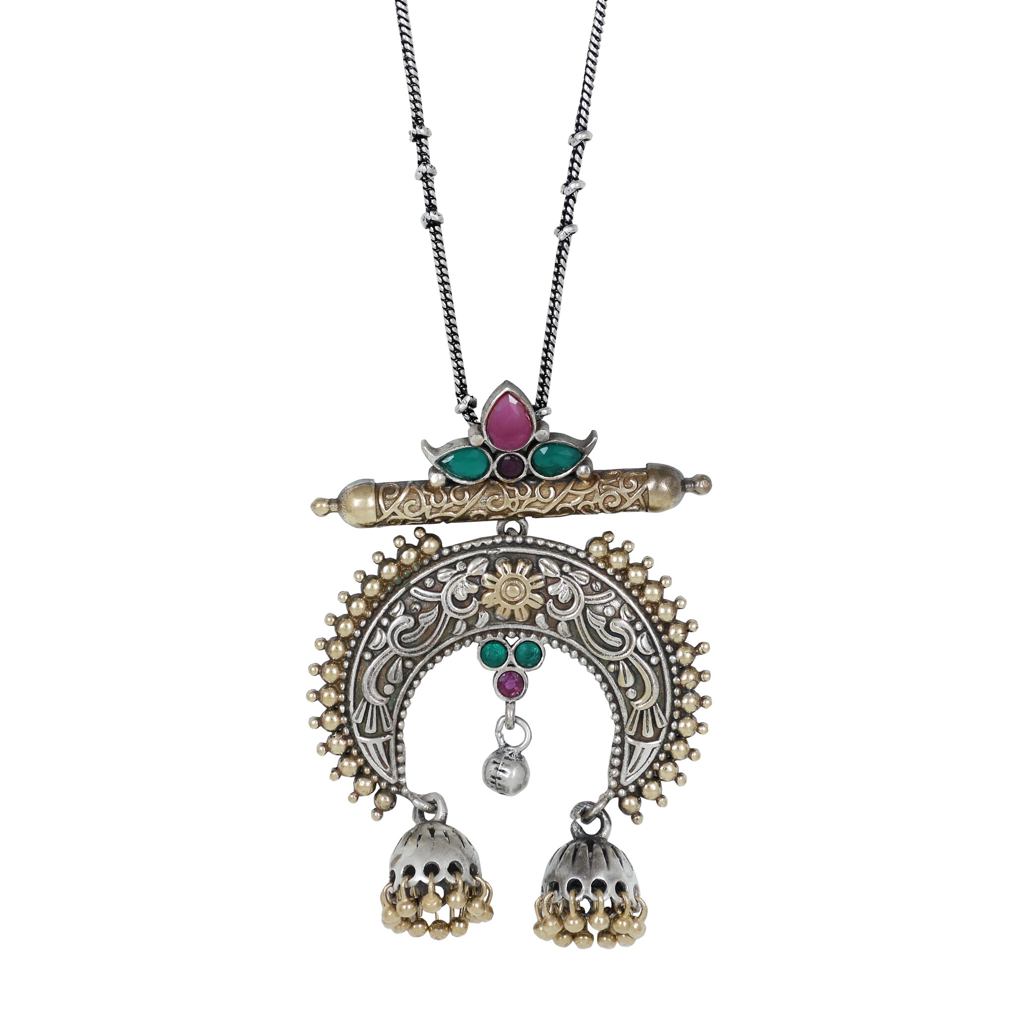 

Piah Fashion Elegant Oxidisied Silver Gold Look Brass Necklace With Pink Green Beads For Women Girls