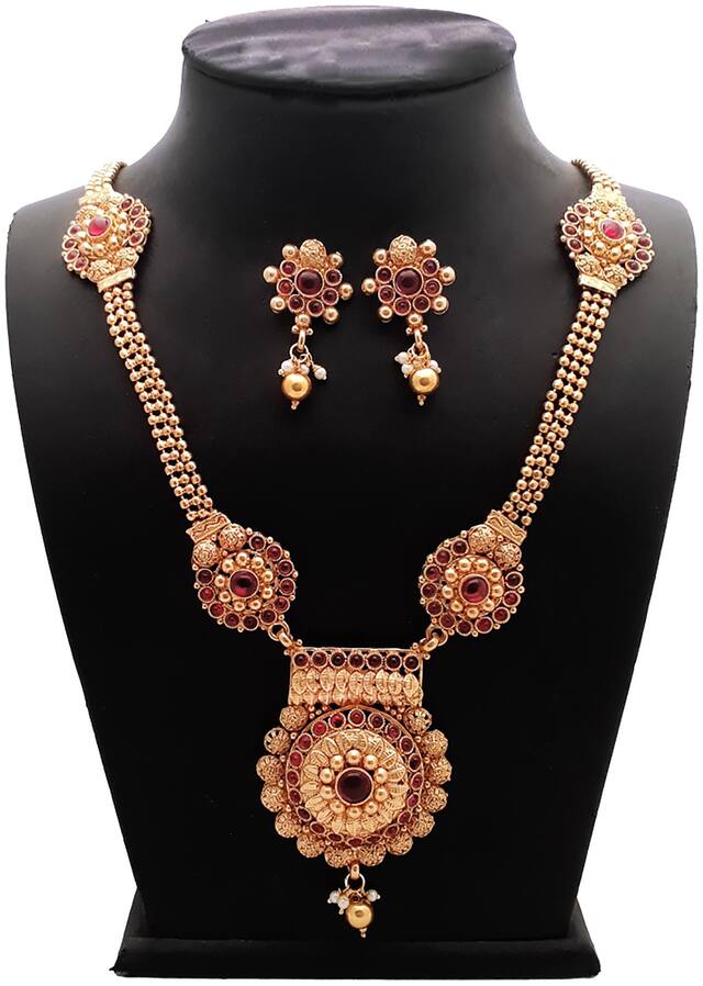 Piah Fashion Resplendent Long Rani Haar Gold Plated Pink Kundan Necklace set For Women