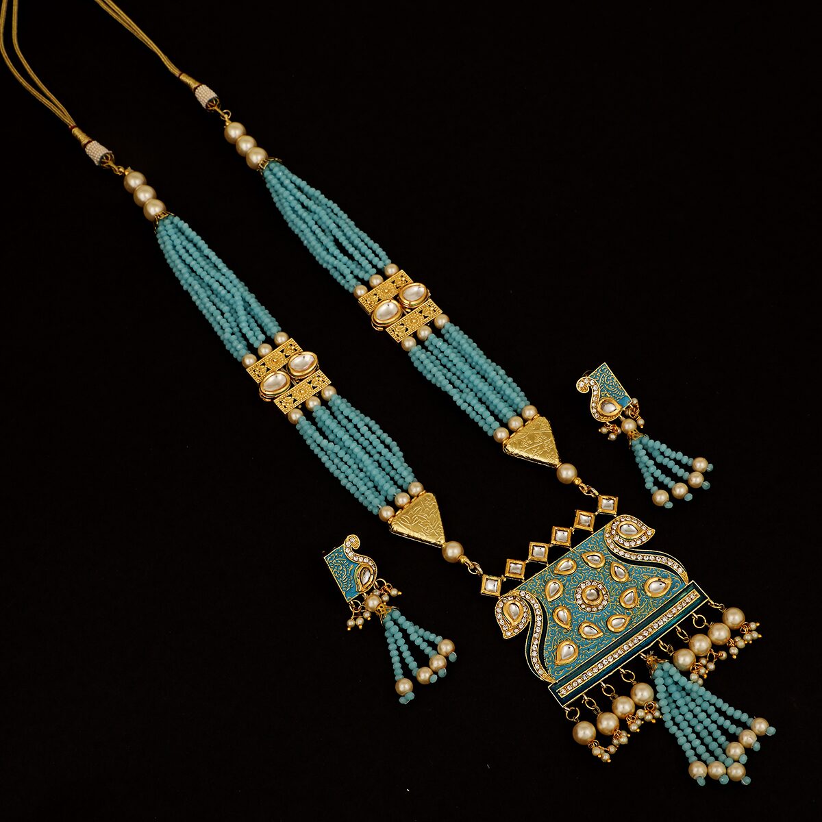 

Piah Fashion Angetic Brass Kundan Sky Blue Minnakari With Beads Pearl Necklace Set For Women Girls