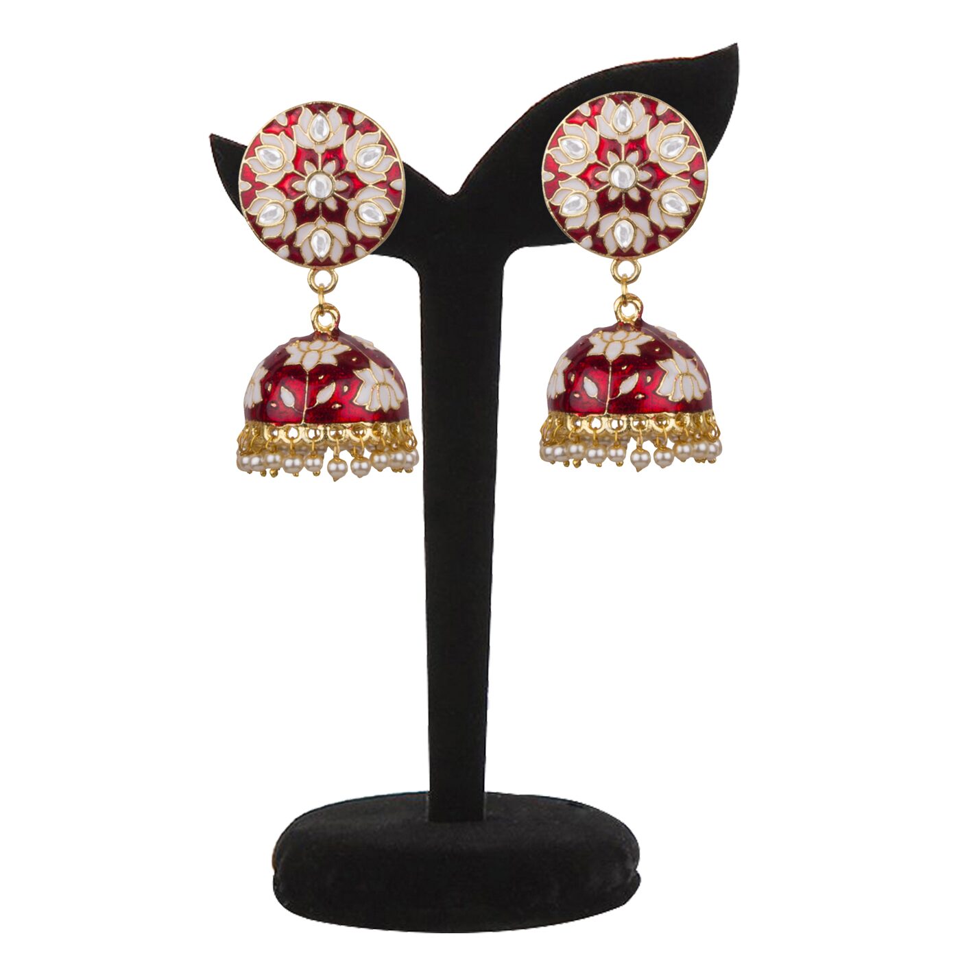 

Piah Fashion Appealing Gold Plated Red Pink Minakari With White Pearl Kundan Brass Jhumkhi For Women Girls