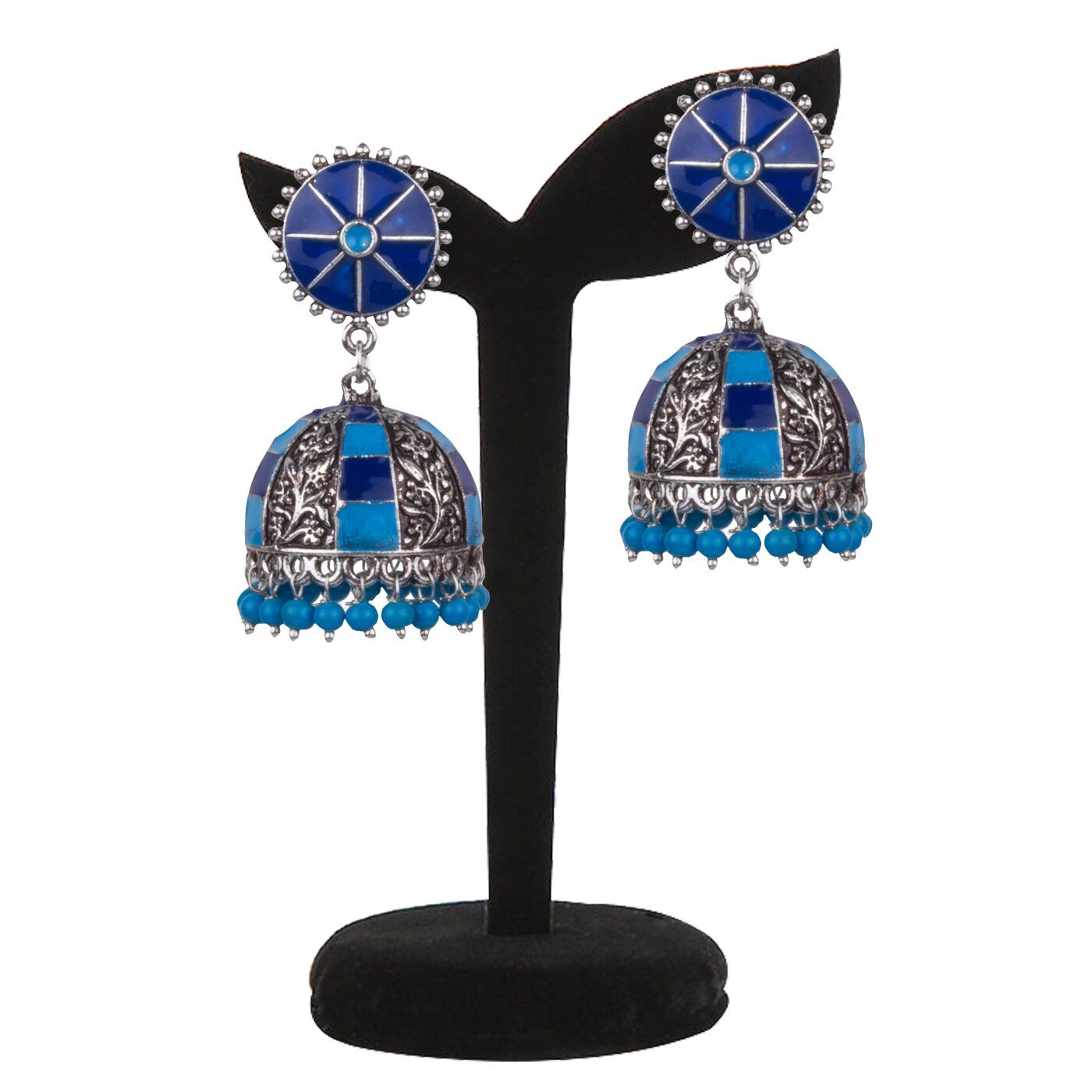 

Piah Fashion Elegant Oxidised Silver With Blue Sky Blue Minakari Beaded Brass Jhumkhi For Women Girls