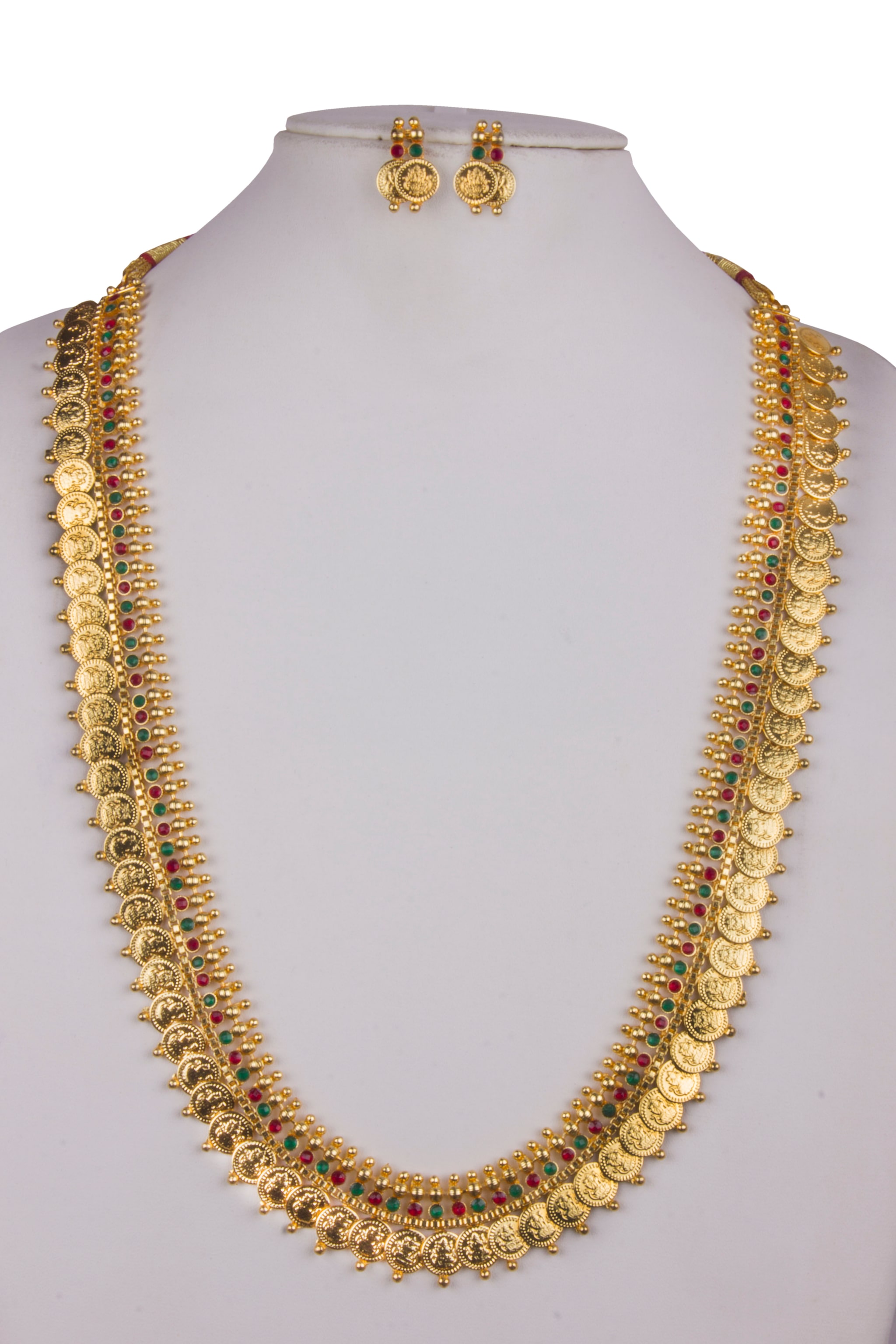 

Piah Fashion Long Maharani Red And Green Temple Coin Necklace Set With Earrings For Women