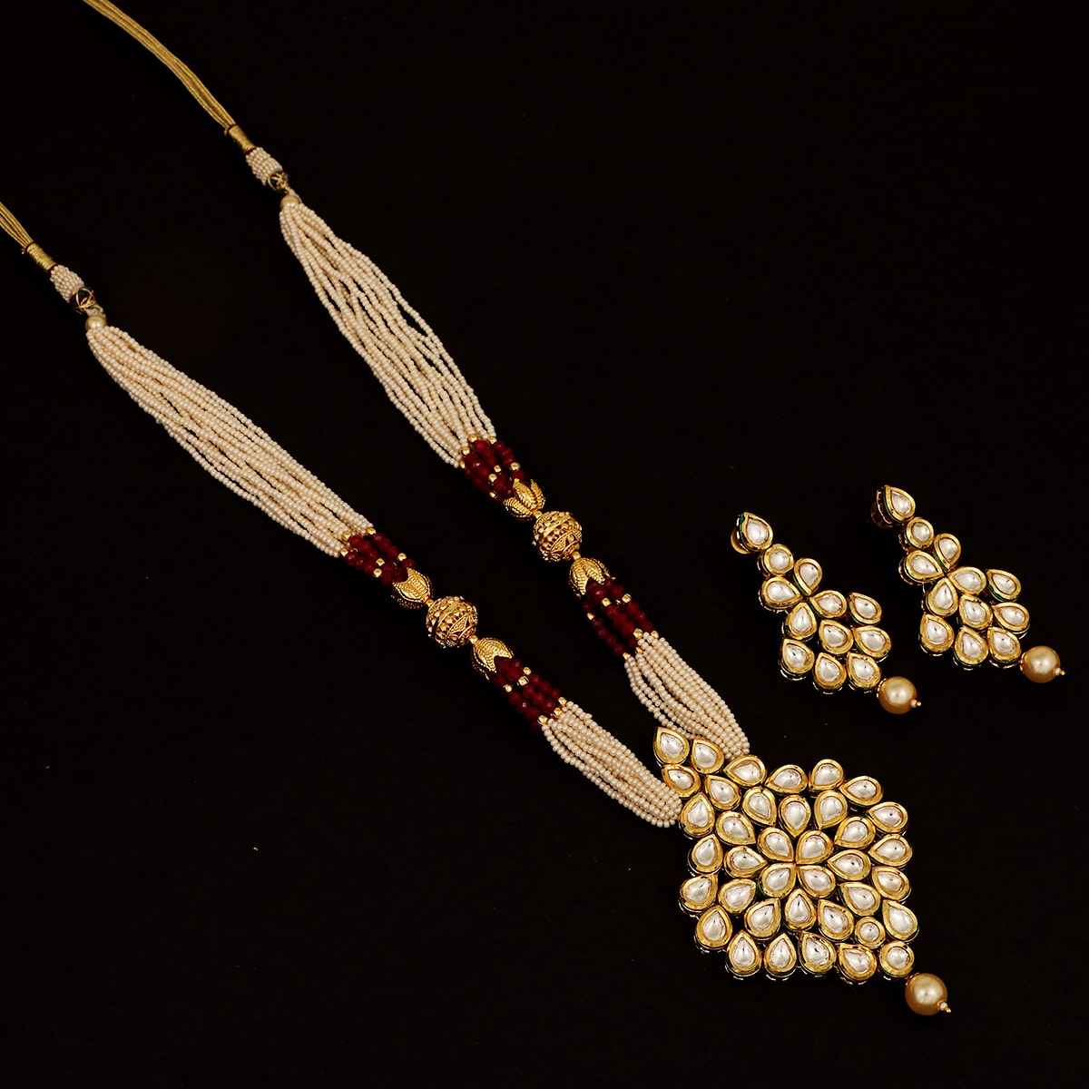 

Piah Fashion Exquisite Brass Gold plated Leaf Shape Kundan pink and white Beads With Pearl Heavy Necklace Set For Women and Girl
