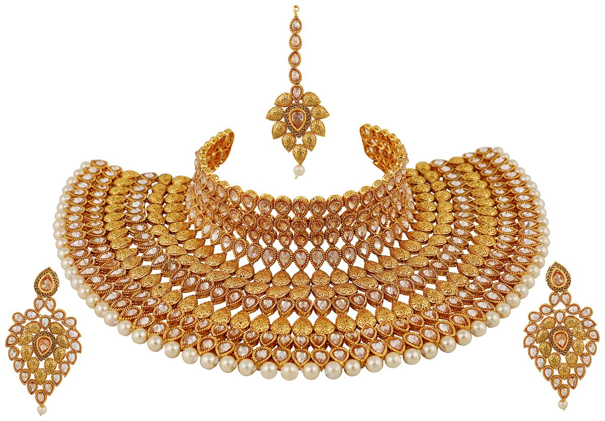 

Piah Fashion Gorgeous Brass Gold plated Bridal set with diamond white beads pearl