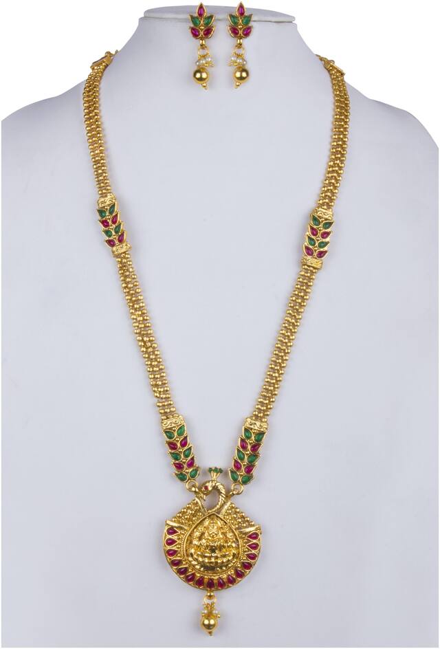 Piah Fashion Traditional Laxmi Pendent Gold Plated Matinee Style Pink & Green Stone Necklace Set for Women
