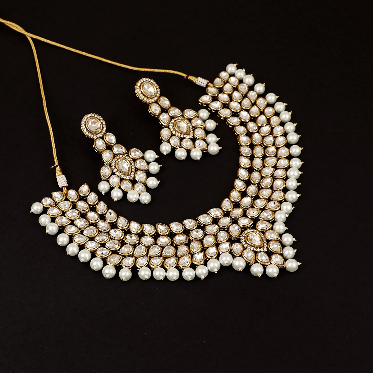 

Piah Fashion Symmetrical Brass Gold Plated Necklace Set With White Diamond Beads For Women Girls