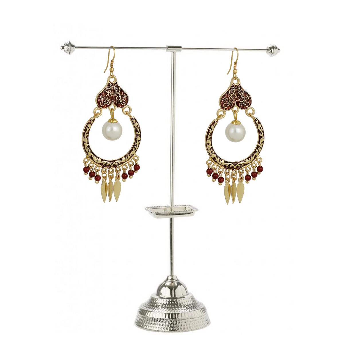 

Piah Kundan Chand Bali White Pearl Maroon Beads Leaf Hanging Earrings For Women
