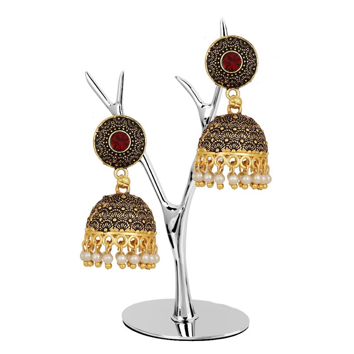 

Piah Stylish Antique Boho Vintage Oxidised Gold Statement Pearl Drop Jhumka Jhumki Earrings