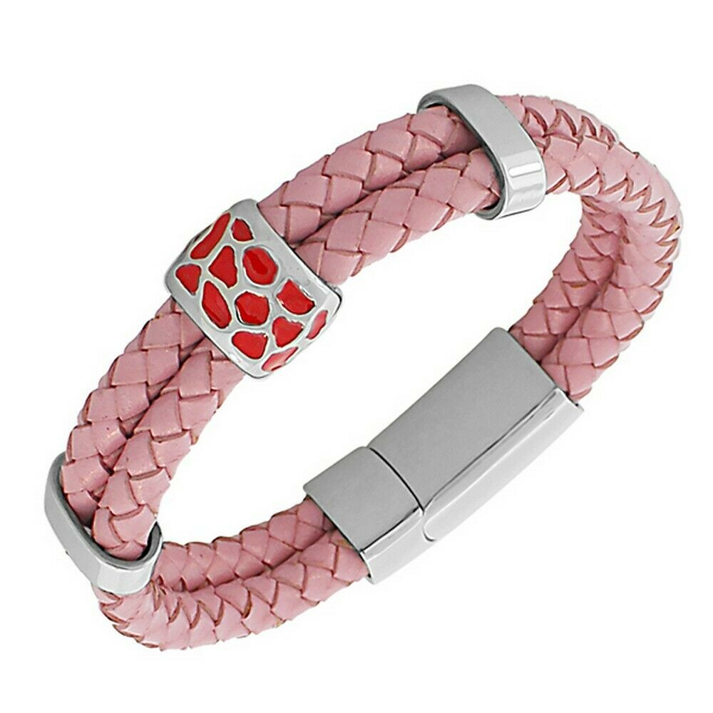 

Pink Genuine Leather Braided Silver-Tone Red Enamel Wristband Womens Bracelet