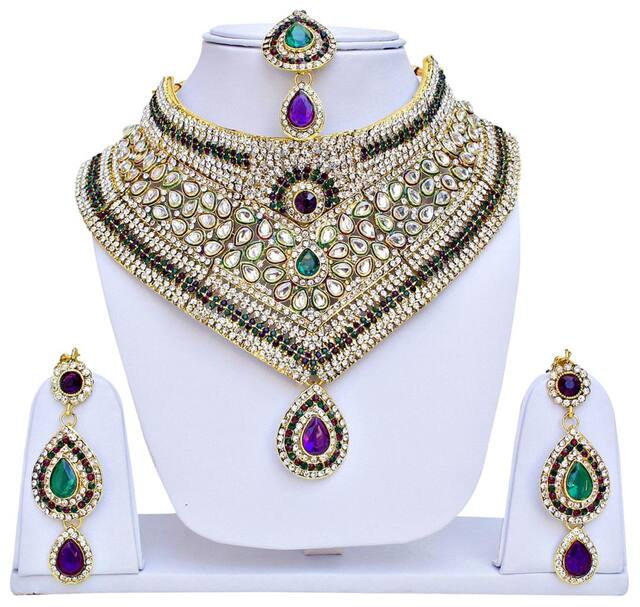 Purple & Green Alloy Necklace Set With Maang Tika