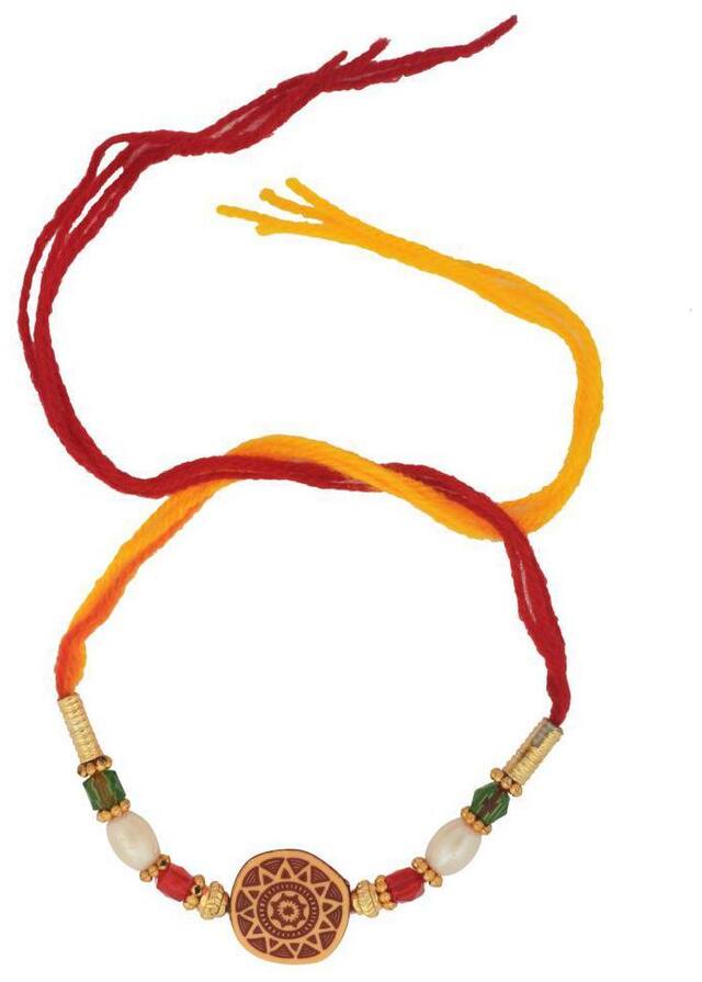 Purvani COMBO of  1 Rakhi /  Rakhi Gift for Brother with Rakhi Card & Roli Chawal / Pearl / Crystal rakhi