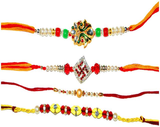 Purvani COMBO  4 Rakhi / Rakhi for Brother with Rakhi Card & Roli Chawal