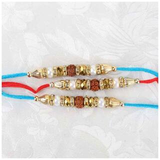 Purvani COMBO of  3 Rakhi /  Rakhi Gift for Brother with Rakhi Card & Roli Chawal / Pearl / Crystal rakhi
