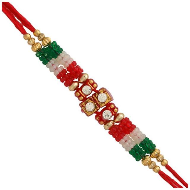 Purvani COMBO of  1 Rakhi /  Rakhi Gift for Brother with Rakhi Card & Roli Chawal / Pearl / Crystal rakhi