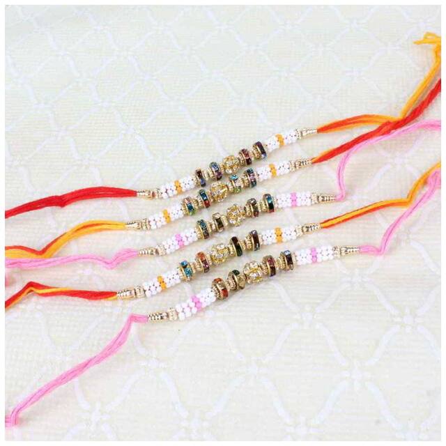 Purvani COMBO of  4 Rakhi /  Rakhi Gift for Brother with Rakhi Card & Roli Chawal / Pearl / Crystal rakhi