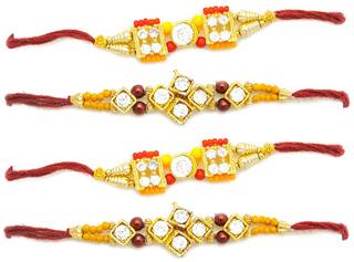 Purvani COMBO  4 Rakhi / Rakhi for Brother with Rakhi Card & Roli Chawal