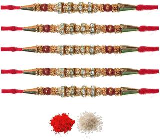 Purvani COMBO  5 Rakhi / Rakhi for Brother with Rakhi Card & Roli Chawal
