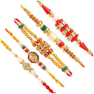 Purvani Designer set of 5 Pearl / Rudraksh / OM / Swastik / Crystal / Ganesha / Beads / Rakhi for Men  / Boys / Brother, Rakhi Card with Roli Chawal