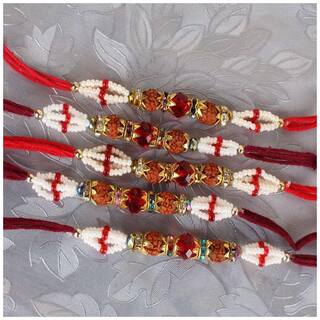 Purvani Designer set of 5 Pearl / Rudraksh / OM / Swastik / Crystal / Ganesha / Beads / Rakhi for Men  / Boys / Brother, Rakhi Card with Roli Chawal
