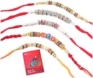 Purvani Designer set of 5 Pearl / Rudraksh / OM / Swastik / Crystal / Ganesha / Beads / Rakhi for Men  / Boys / Brother, Rakhi Card with Roli Chawal