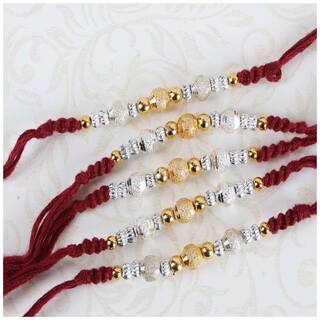 Purvani Designer set of 5 Pearl / Rudraksh / OM / Swastik / Crystal / Ganesha / Beads / Rakhi for Men  / Boys / Brother, Rakhi Card with Roli Chawal