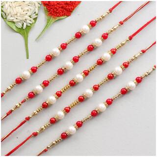 Purvani Designer set of 5 Pearl / Rudraksh / OM / Swastik / Crystal / Ganesha / Beads / Rakhi for Men  / Boys / Brother, Rakhi Card with Roli Chawal