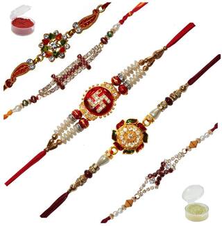 Purvani Designer set of 5 Pearl / Rudraksh / OM / Swastik / Crystal / Ganesha / Beads / Rakhi for Men  / Boys / Brother, Rakhi Card with Roli Chawal