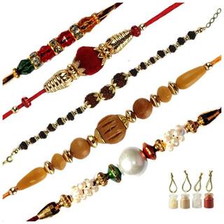 Purvani Designer set of 5 Pearl / Rudraksh / OM / Swastik / Crystal / Ganesha / Beads / Rakhi for Men  / Boys / Brother, Rakhi Card with Roli Chawal
