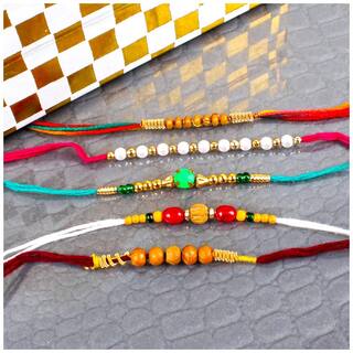 Purvani Designer set of 5 Pearl / Rudraksh / OM / Swastik / Crystal / Ganesha / Beads / Rakhi for Men  / Boys / Brother, Rakhi Card with Roli Chawal