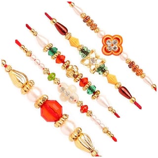 Purvani Handmade pack of 5 Designer Rakhi with Pooja Accesory