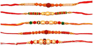 Purvani Handmade pack of 5 Designer Rakhi with Pooja Accesory