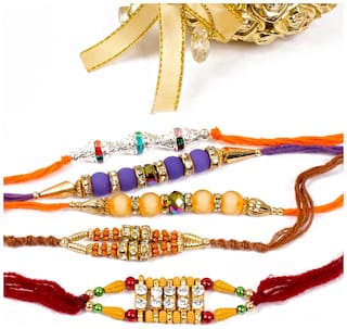 Purvani Rakhi Set Multicolor pack of 5 Designer Rakhi with Pooja Accesory