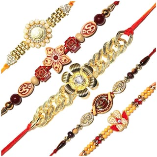 Purvani Rakhi Set Multicolor pack of 5 Designer Rakhi with Pooja Accesory