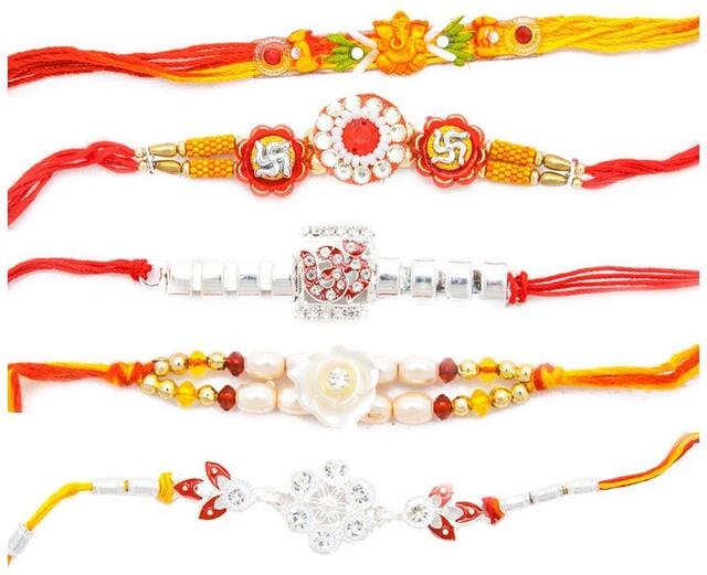 Purvani Rakhi Exclusive Designer Rakhi (Pack of 5) with Roli Chawal & Rakhi Card